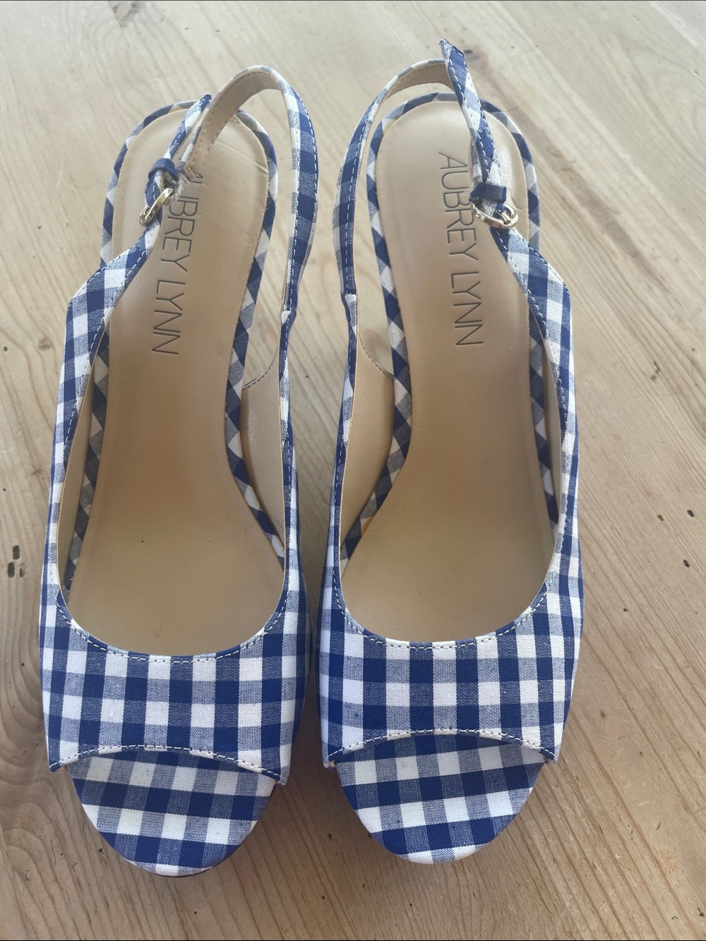 Aubrey Lynn Blue Gingham Slingback Peep-Toe Flats with Blue 3” Heel
